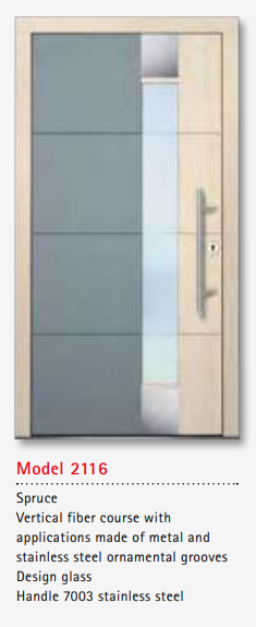 UNILUX Model 2116 Spruce Door, Vertical Fiber, Metal Grooves, Designer Glass, Energy Efficient, Secure Timber Door